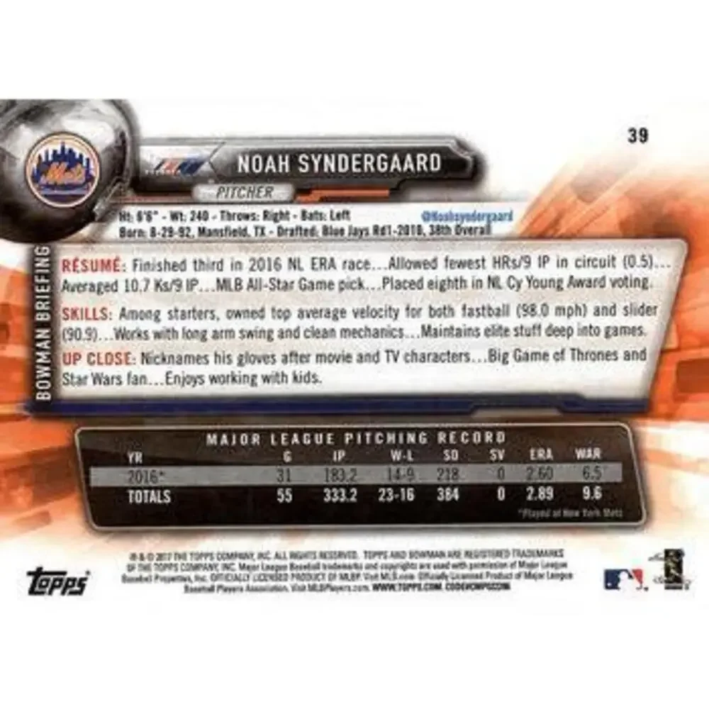 2017 Bowman Noah Syndergaard # 39 New York Mets